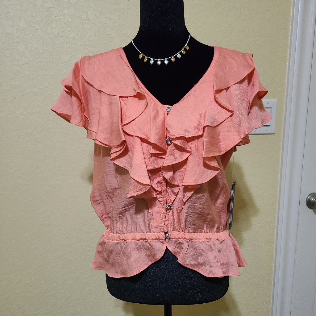 Nwt Karl Lagerfeld Ruffled Vneck Women's Top In Coral Size Small